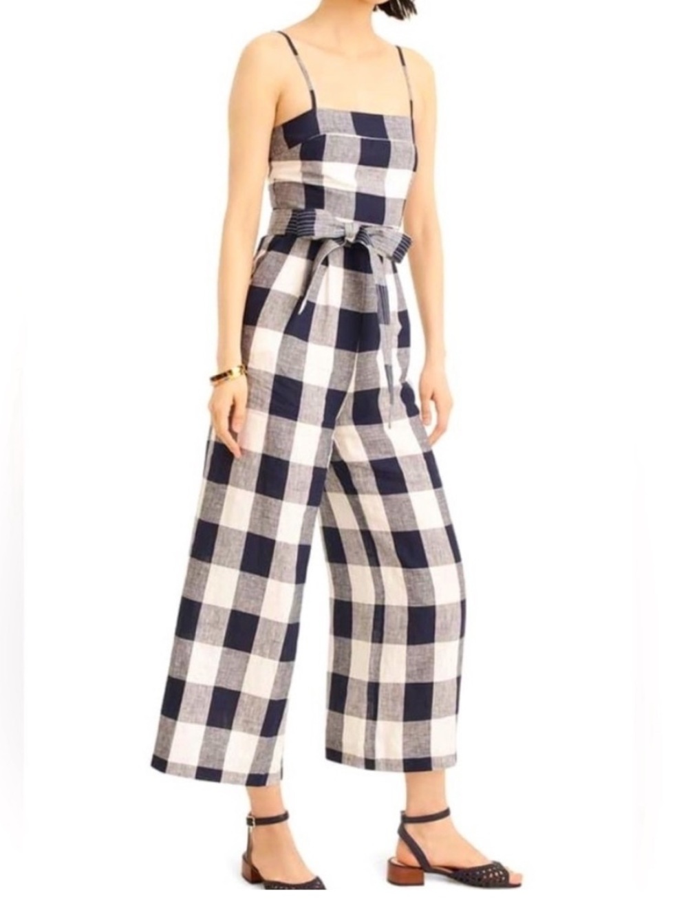Women’s Navy & White Gingham Wide-Leg Jumpsuit